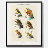 Vintageposter med illustration av fiskedrag för att flugfiska lax, skapad av Mary Orvis Marbury canvas