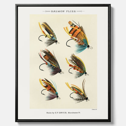 Vintageposter med illustration av fiskedrag för att flugfiska lax, skapad av Mary Orvis Marbury canvas