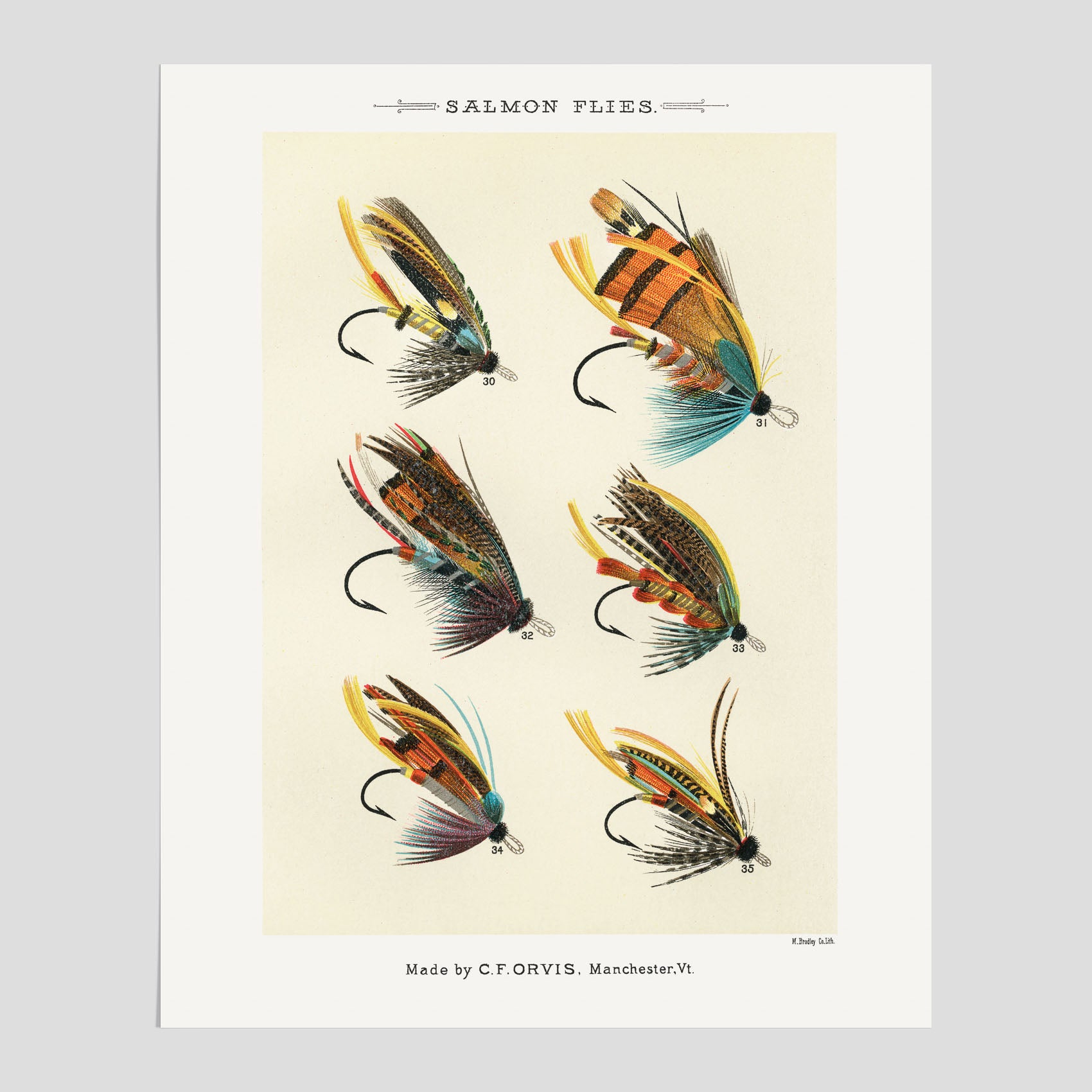 Vintageposter med illustration av fiskedrag för att flugfiska lax, skapad av Mary Orvis Marbury