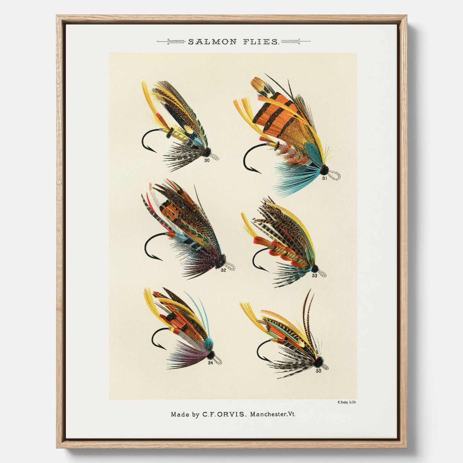 Vintageposter med illustration av fiskedrag för att flugfiska lax, skapad av Mary Orvis Marbury canvas
