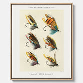 Vintageposter med illustration av fiskedrag för att flugfiska lax, skapad av Mary Orvis Marbury canvas