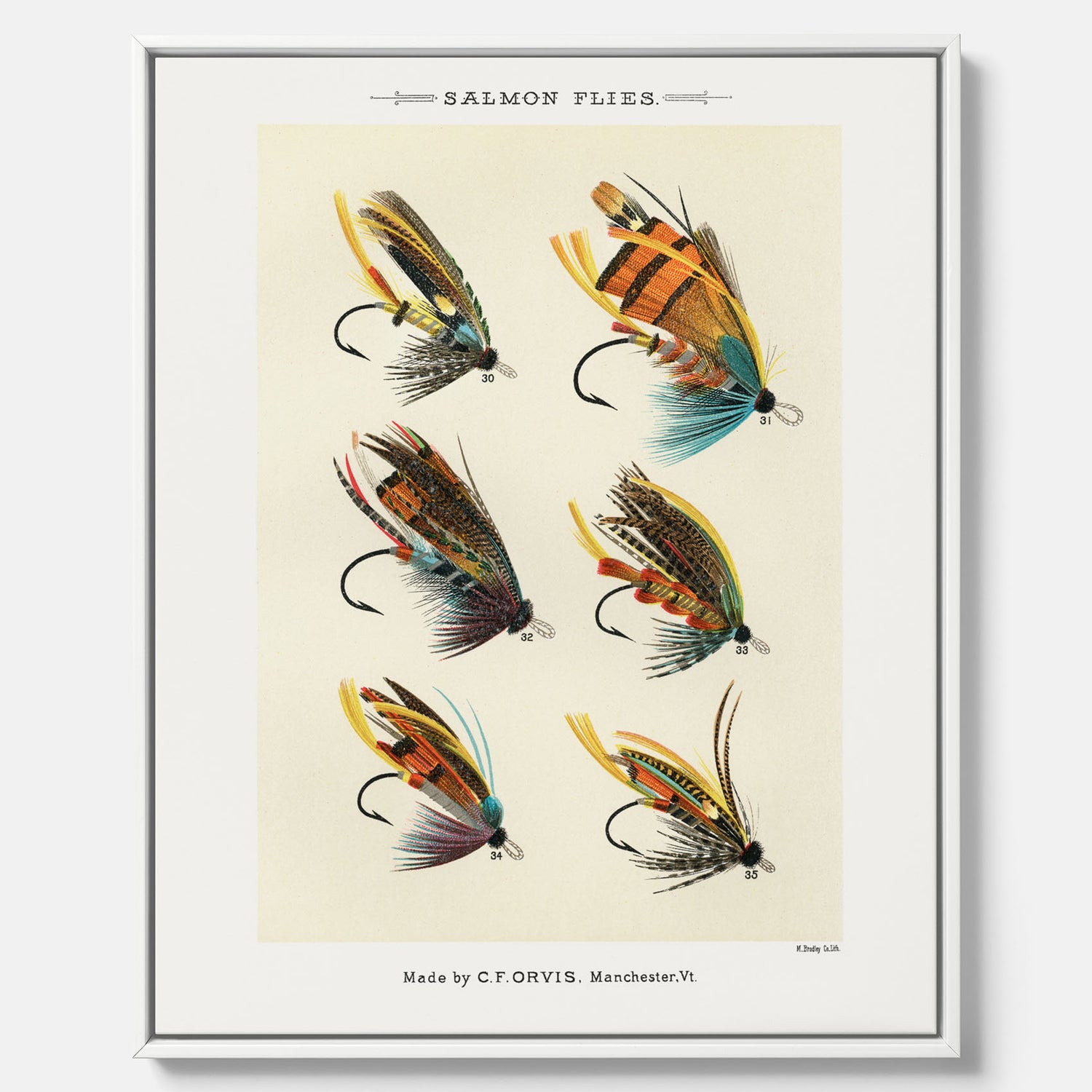 Vintageposter med illustration av fiskedrag för att flugfiska lax, skapad av Mary Orvis Marbury canvas