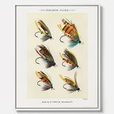 Vintageposter med illustration av fiskedrag för att flugfiska lax, skapad av Mary Orvis Marbury canvas