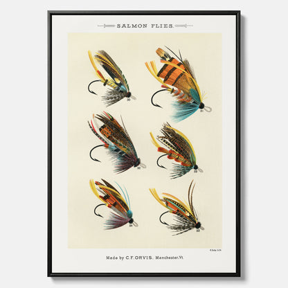 Vintageposter med illustration av fiskedrag för att flugfiska lax, skapad av Mary Orvis Marbury canvas