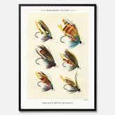 Vintageposter med illustration av fiskedrag för att flugfiska lax, skapad av Mary Orvis Marbury