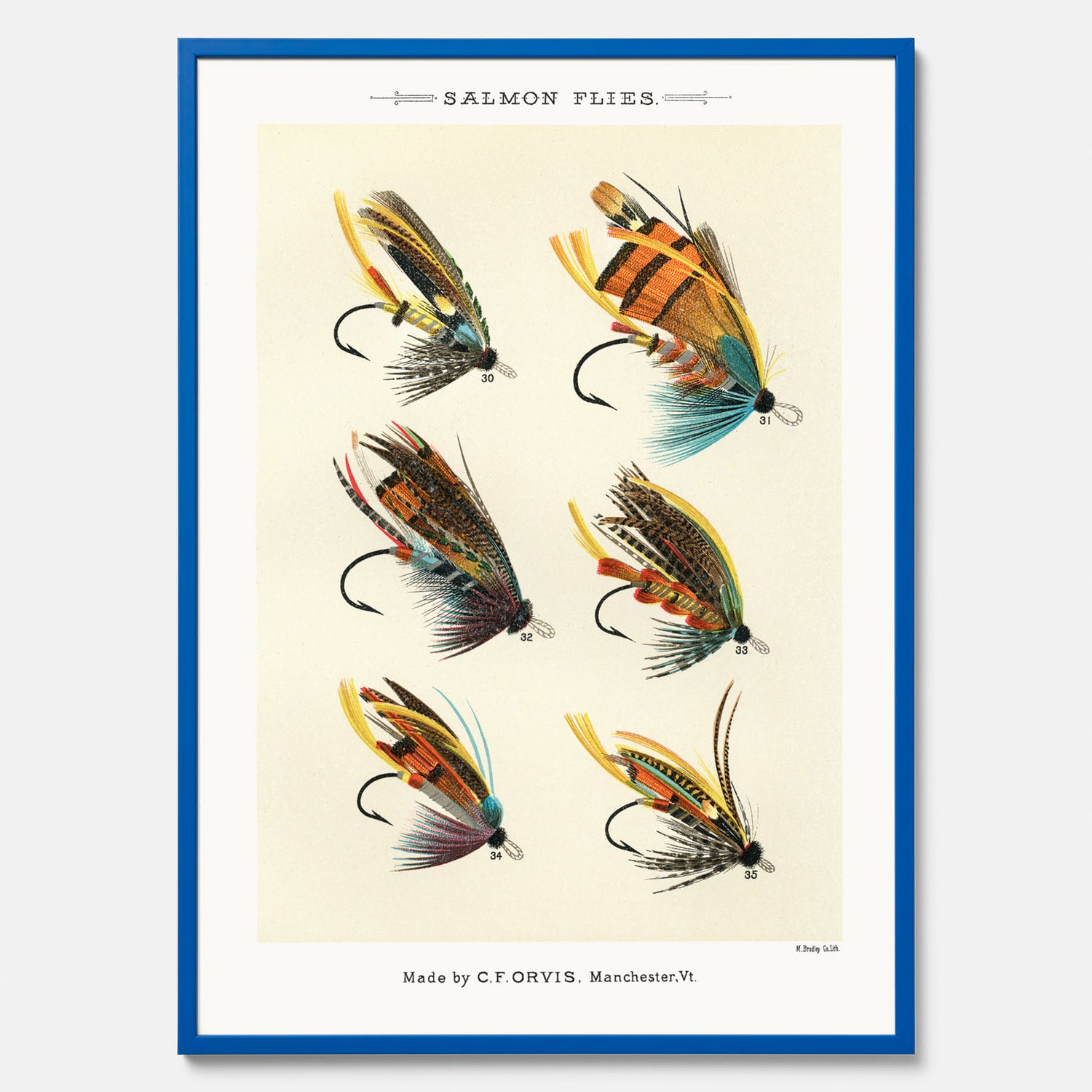 Vintageposter med illustration av fiskedrag för att flugfiska lax, skapad av Mary Orvis Marbury