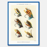 Vintageposter med illustration av fiskedrag för att flugfiska lax, skapad av Mary Orvis Marbury