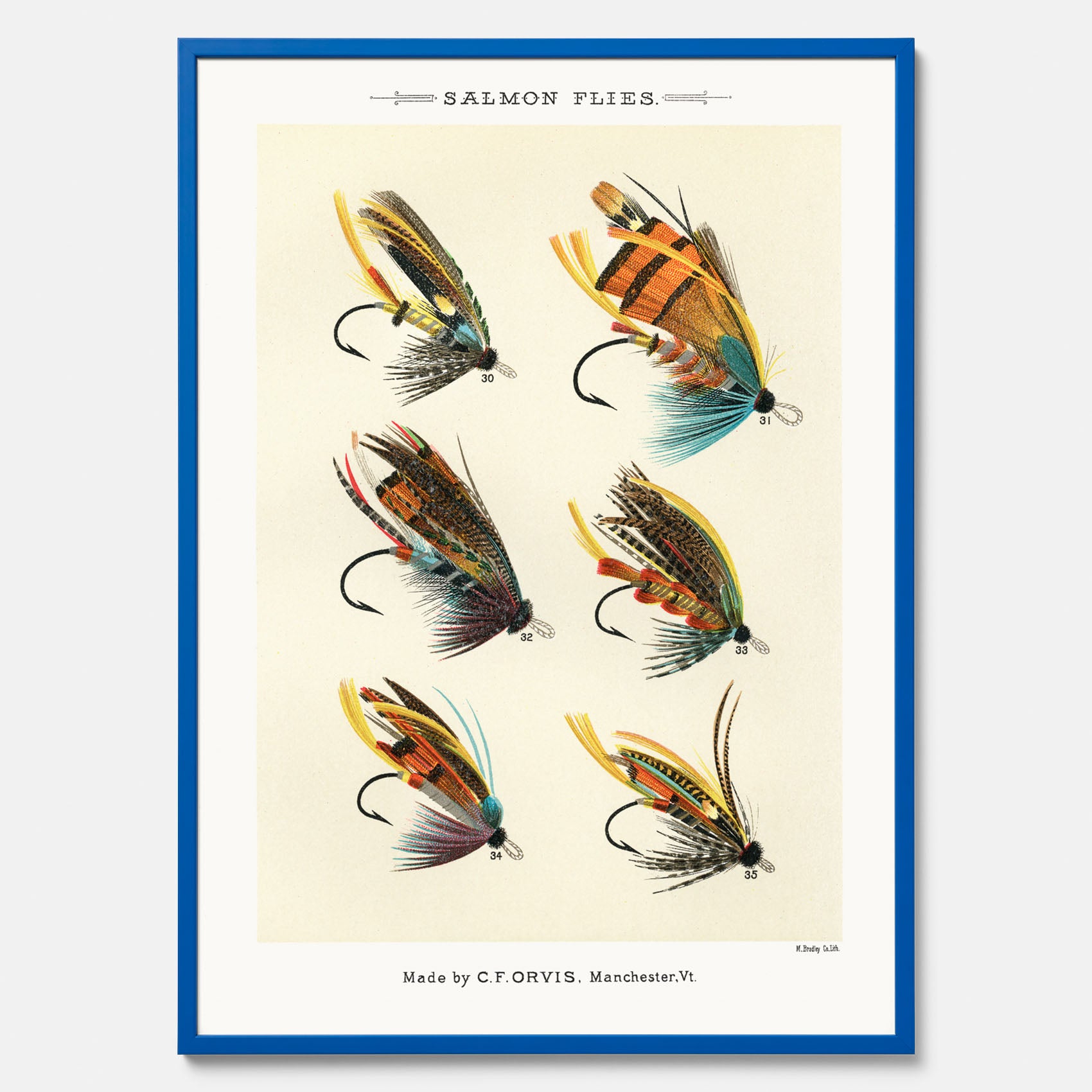Vintageposter med illustration av fiskedrag för att flugfiska lax, skapad av Mary Orvis Marbury