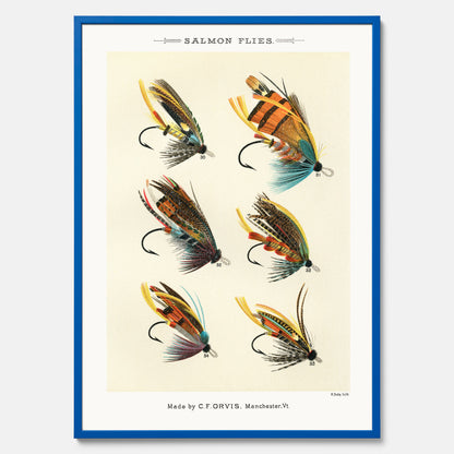 Vintageposter med illustration av fiskedrag för att flugfiska lax, skapad av Mary Orvis Marbury