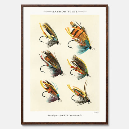 Vintageposter med illustration av fiskedrag för att flugfiska lax, skapad av Mary Orvis Marbury