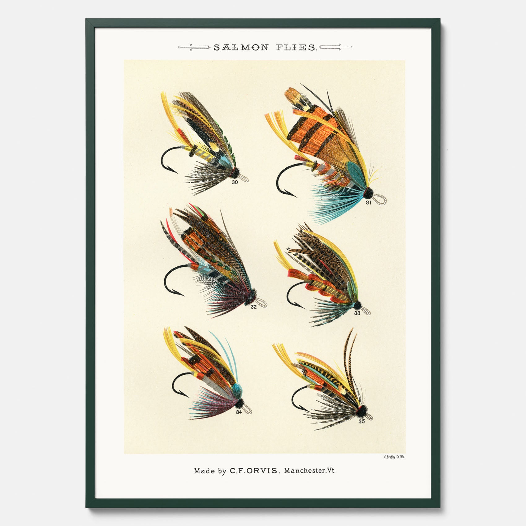 Vintageposter med illustration av fiskedrag för att flugfiska lax, skapad av Mary Orvis Marbury
