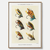 Vintageposter med illustration av fiskedrag för att flugfiska lax, skapad av Mary Orvis Marbury canvas