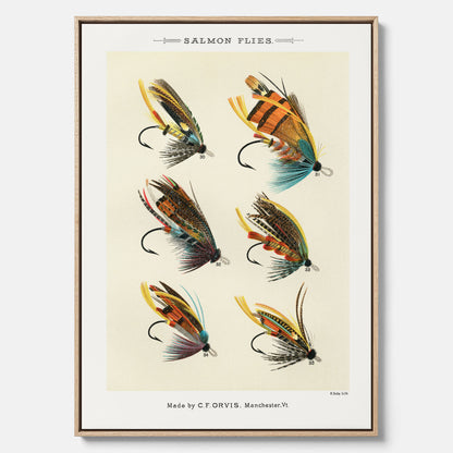 Vintageposter med illustration av fiskedrag för att flugfiska lax, skapad av Mary Orvis Marbury canvas