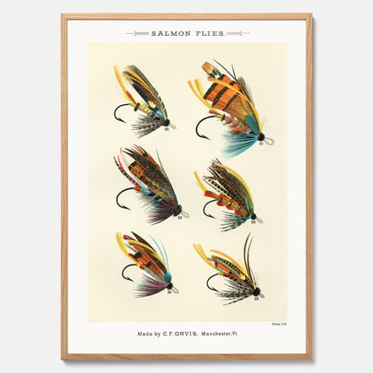 Vintageposter med illustration av fiskedrag för att flugfiska lax, skapad av Mary Orvis Marbury