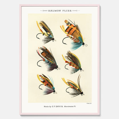 Vintageposter med illustration av fiskedrag för att flugfiska lax, skapad av Mary Orvis Marbury