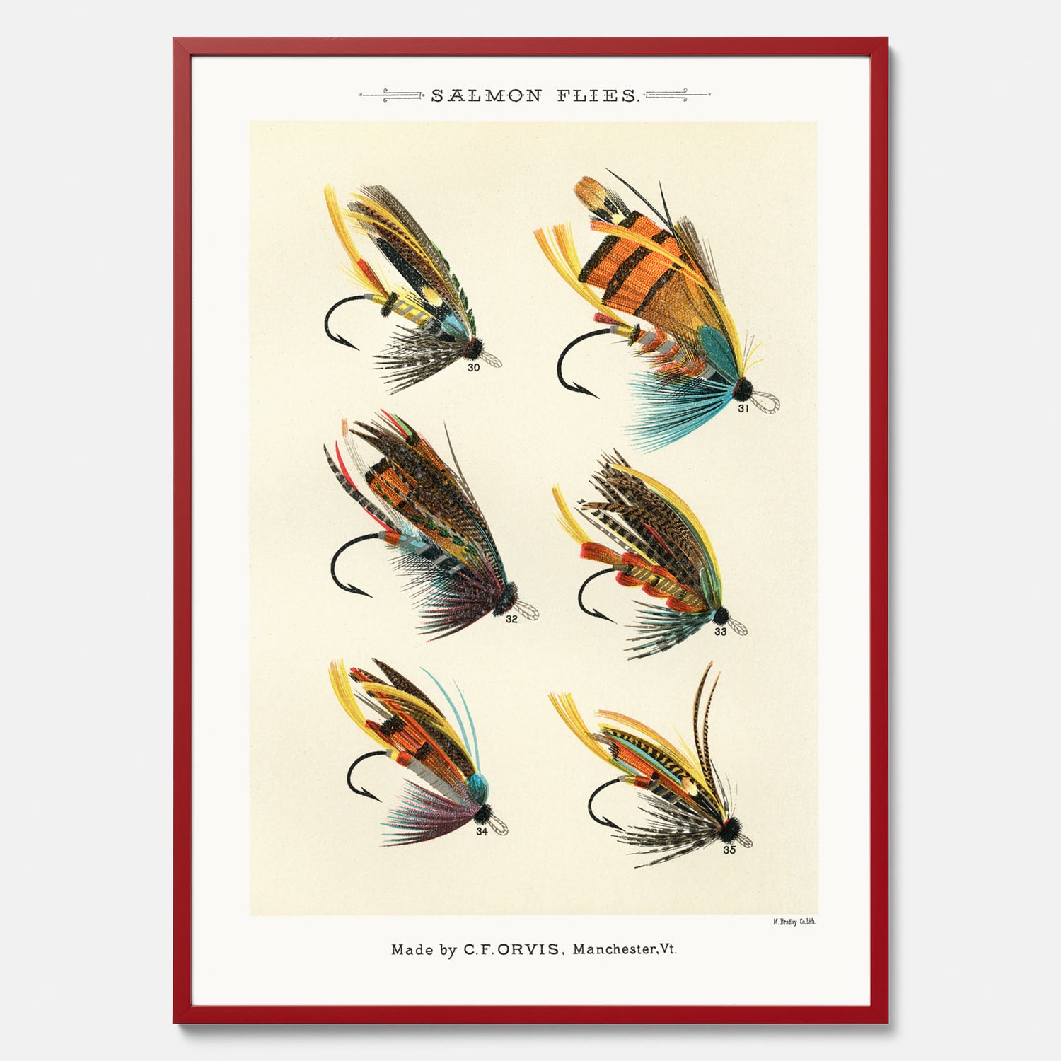 Vintageposter med illustration av fiskedrag för att flugfiska lax, skapad av Mary Orvis Marbury
