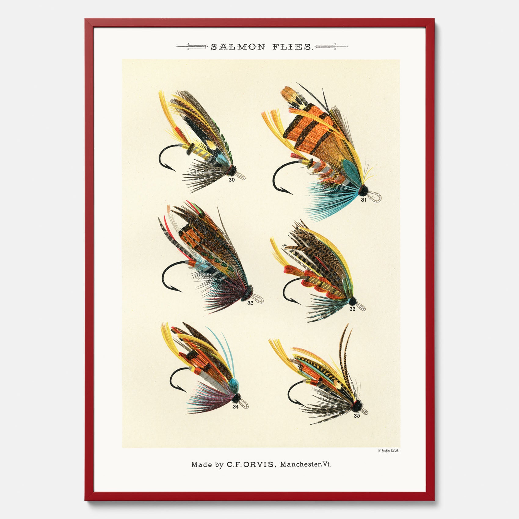 Vintageposter med illustration av fiskedrag för att flugfiska lax, skapad av Mary Orvis Marbury
