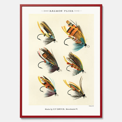 Vintageposter med illustration av fiskedrag för att flugfiska lax, skapad av Mary Orvis Marbury