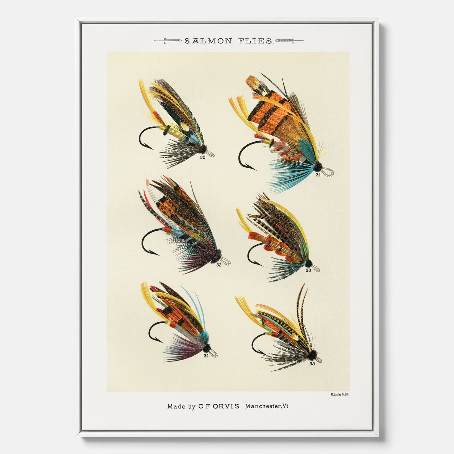 Vintageposter med illustration av fiskedrag för att flugfiska lax, skapad av Mary Orvis Marbury canvas