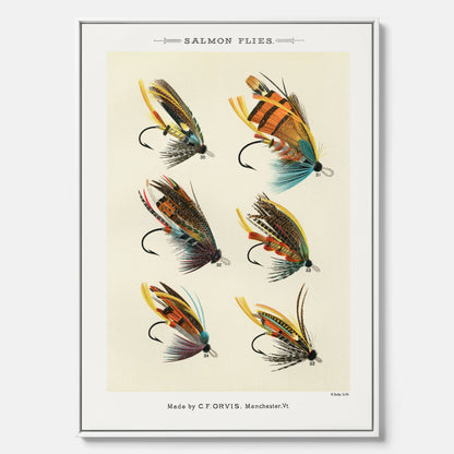 Vintageposter med illustration av fiskedrag för att flugfiska lax, skapad av Mary Orvis Marbury canvas