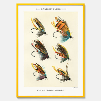 Vintageposter med illustration av fiskedrag för att flugfiska lax, skapad av Mary Orvis Marbury