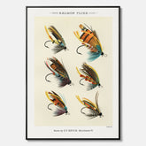 Vintageposter med illustration av fiskedrag för att flugfiska lax, skapad av Mary Orvis Marbury canvas