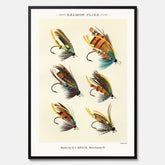 Vintageposter med illustration av fiskedrag för att flugfiska lax, skapad av Mary Orvis Marbury
