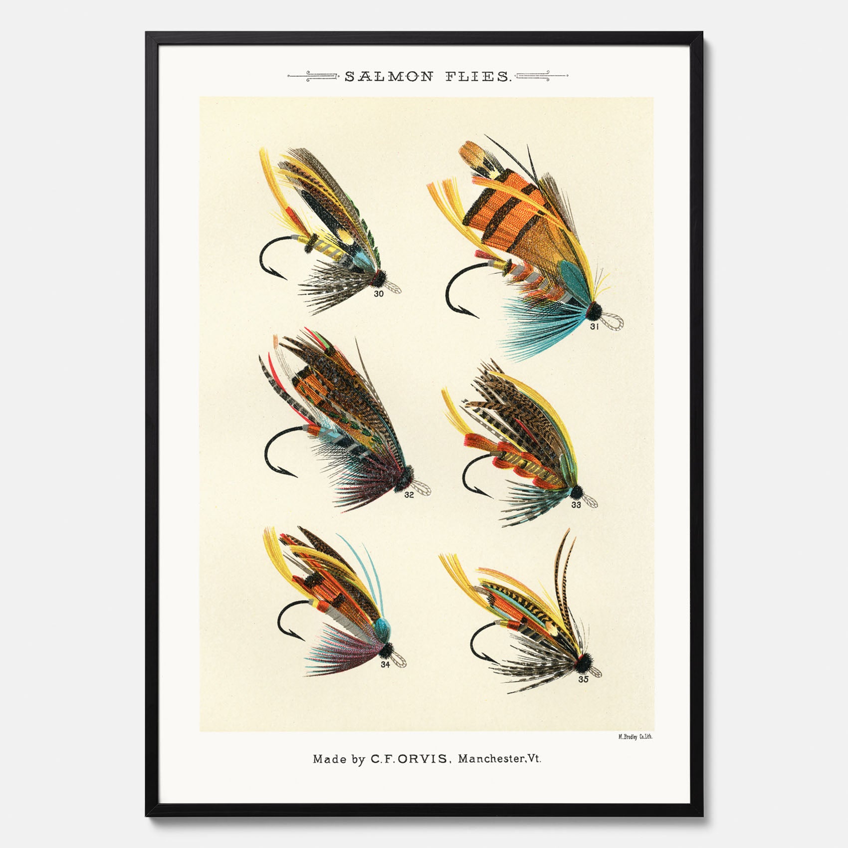 Vintageposter med illustration av fiskedrag för att flugfiska lax, skapad av Mary Orvis Marbury