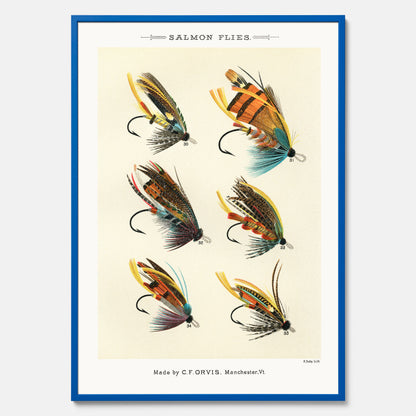 Vintageposter med illustration av fiskedrag för att flugfiska lax, skapad av Mary Orvis Marbury