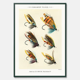 Vintageposter med illustration av fiskedrag för att flugfiska lax, skapad av Mary Orvis Marbury