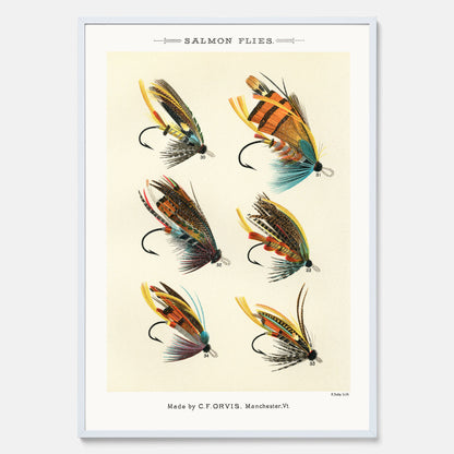 Vintageposter med illustration av fiskedrag för att flugfiska lax, skapad av Mary Orvis Marbury