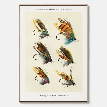 Vintageposter med illustration av fiskedrag för att flugfiska lax, skapad av Mary Orvis Marbury canvas