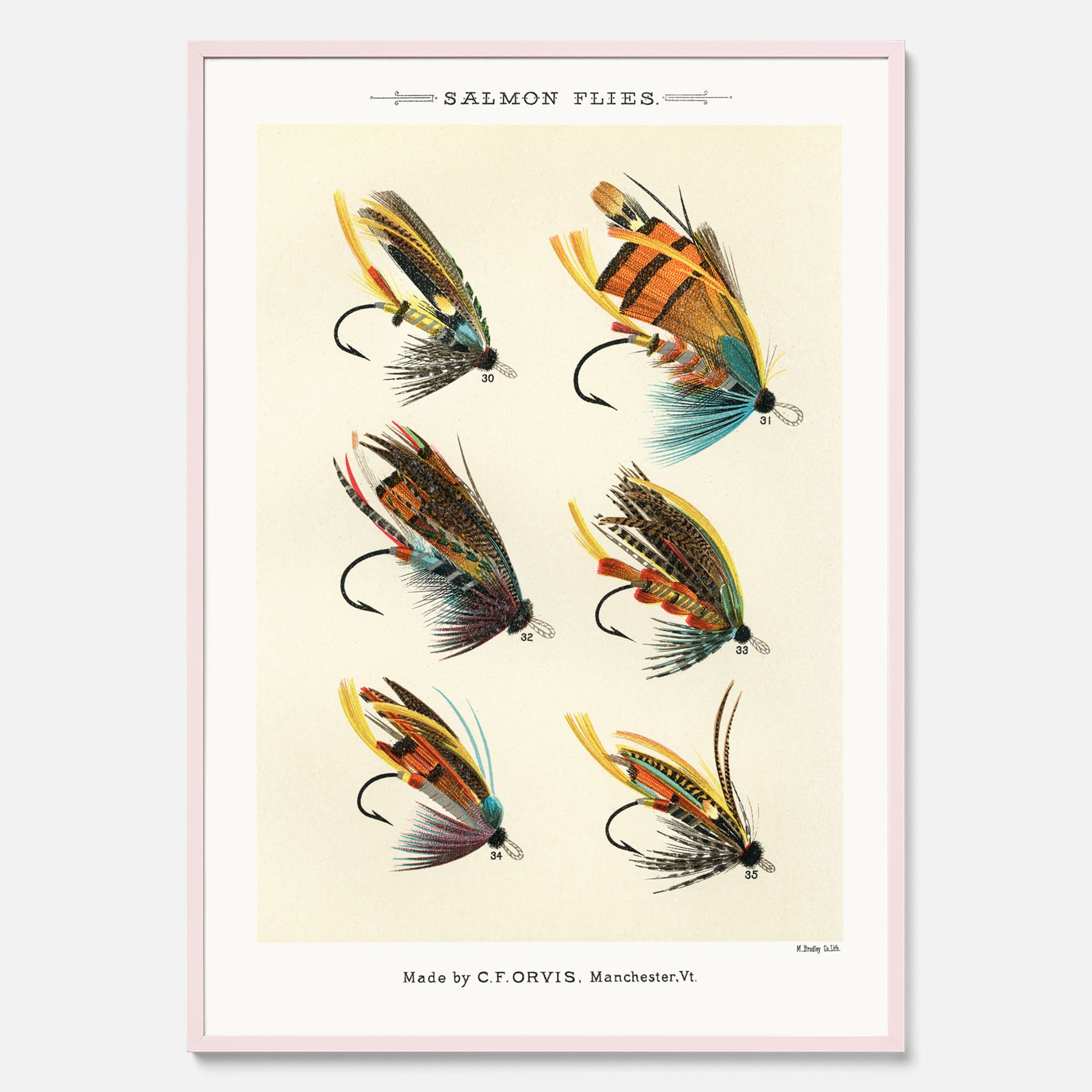 Vintageposter med illustration av fiskedrag för att flugfiska lax, skapad av Mary Orvis Marbury