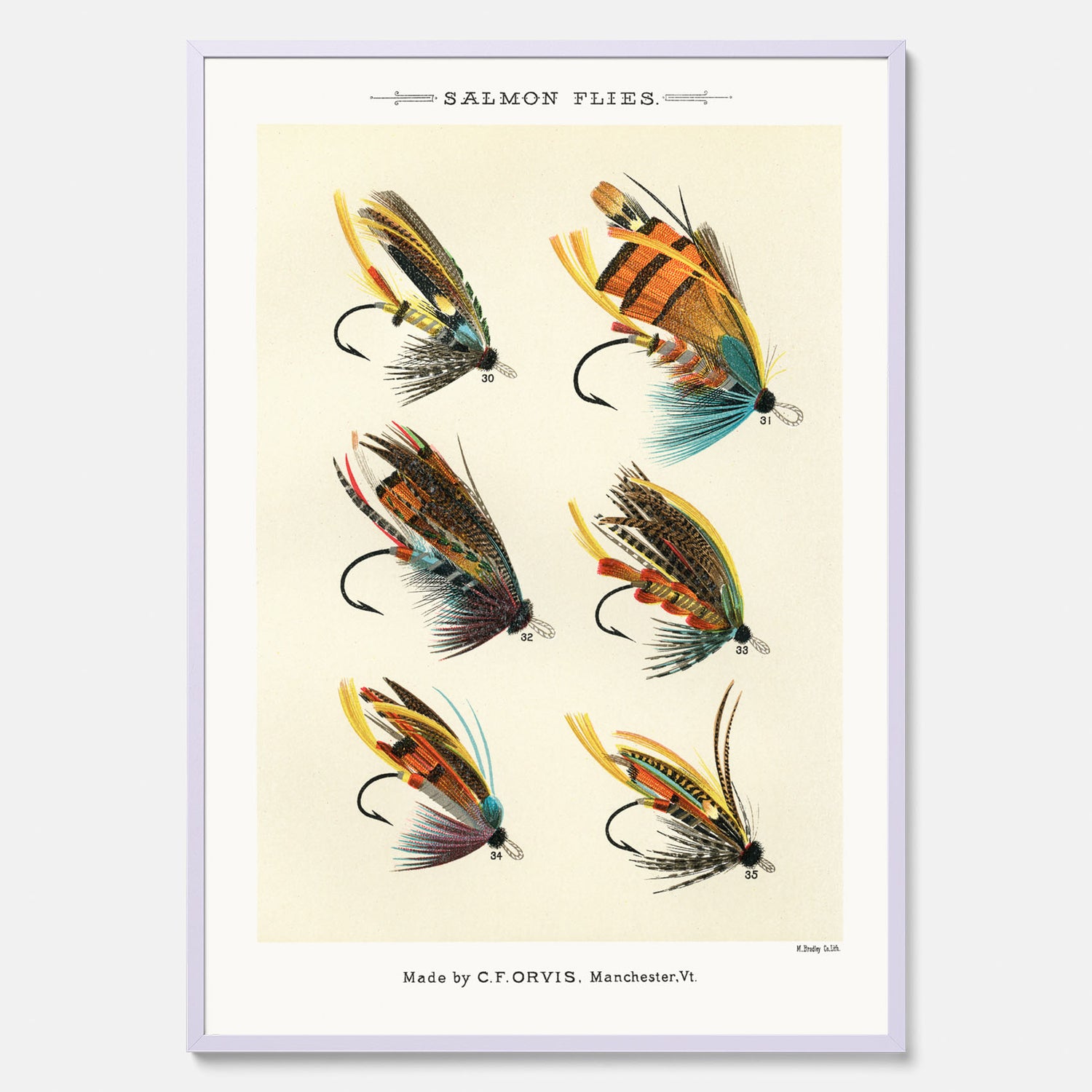 Vintageposter med illustration av fiskedrag för att flugfiska lax, skapad av Mary Orvis Marbury