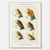 Vintageposter med illustration av fiskedrag för att flugfiska lax, skapad av Mary Orvis Marbury canvas