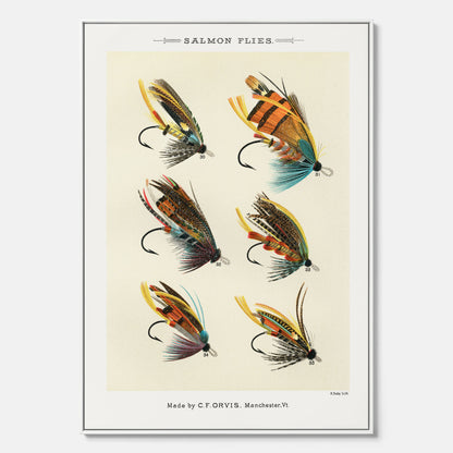 Vintageposter med illustration av fiskedrag för att flugfiska lax, skapad av Mary Orvis Marbury canvas