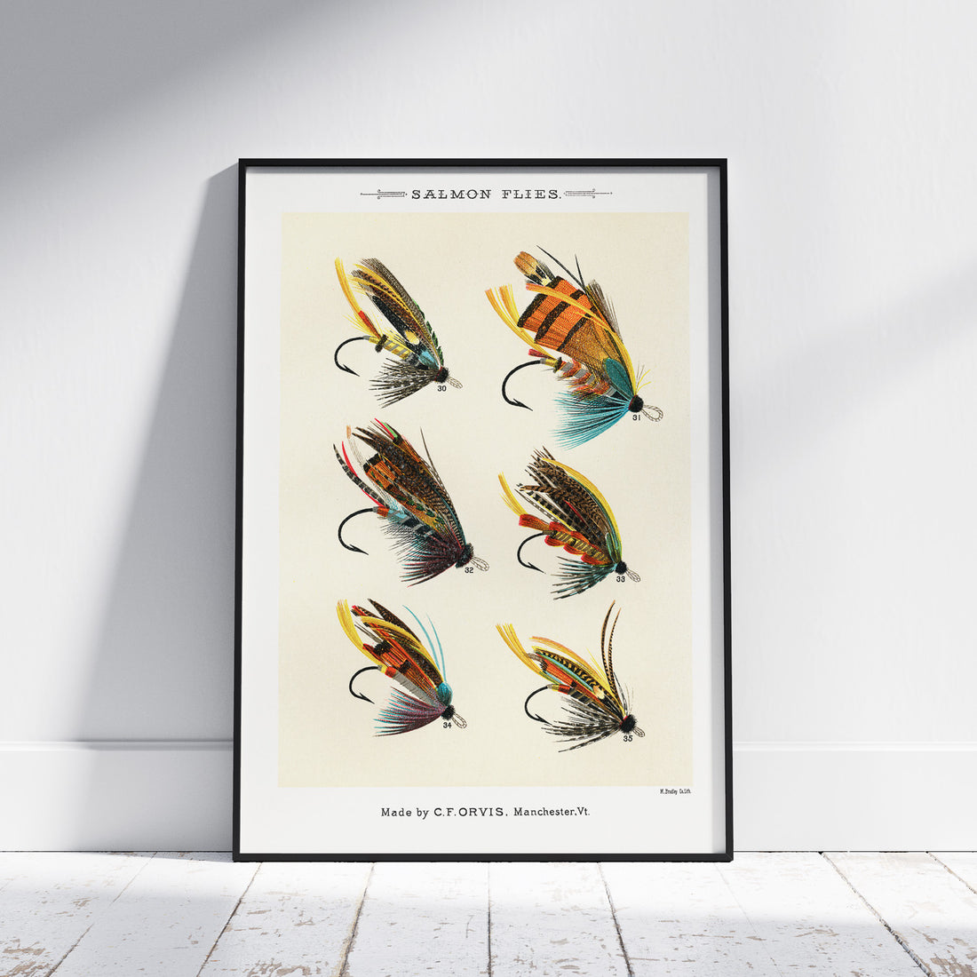 Vintageposter med illustration av fiskedrag för att flugfiska lax, skapad av Mary Orvis Marbury