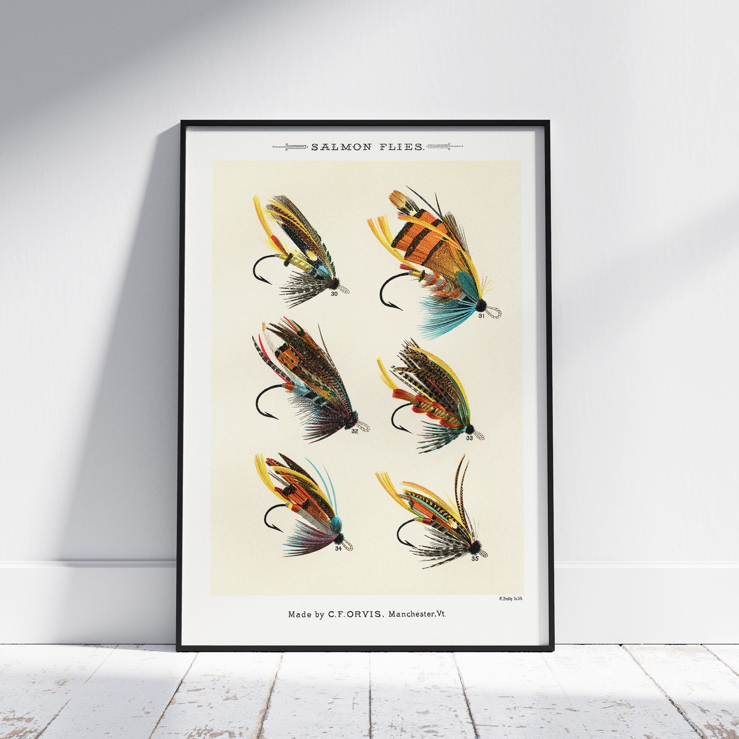 Vintageposter med illustration av fiskedrag för att flugfiska lax, skapad av Mary Orvis Marbury