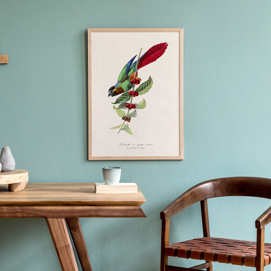 Kökstavla med en Parakit &amp; Kaffeplanta poster  – Vintageposter med fågel och kaffe, tavla till kök, köksposter, poster till kök