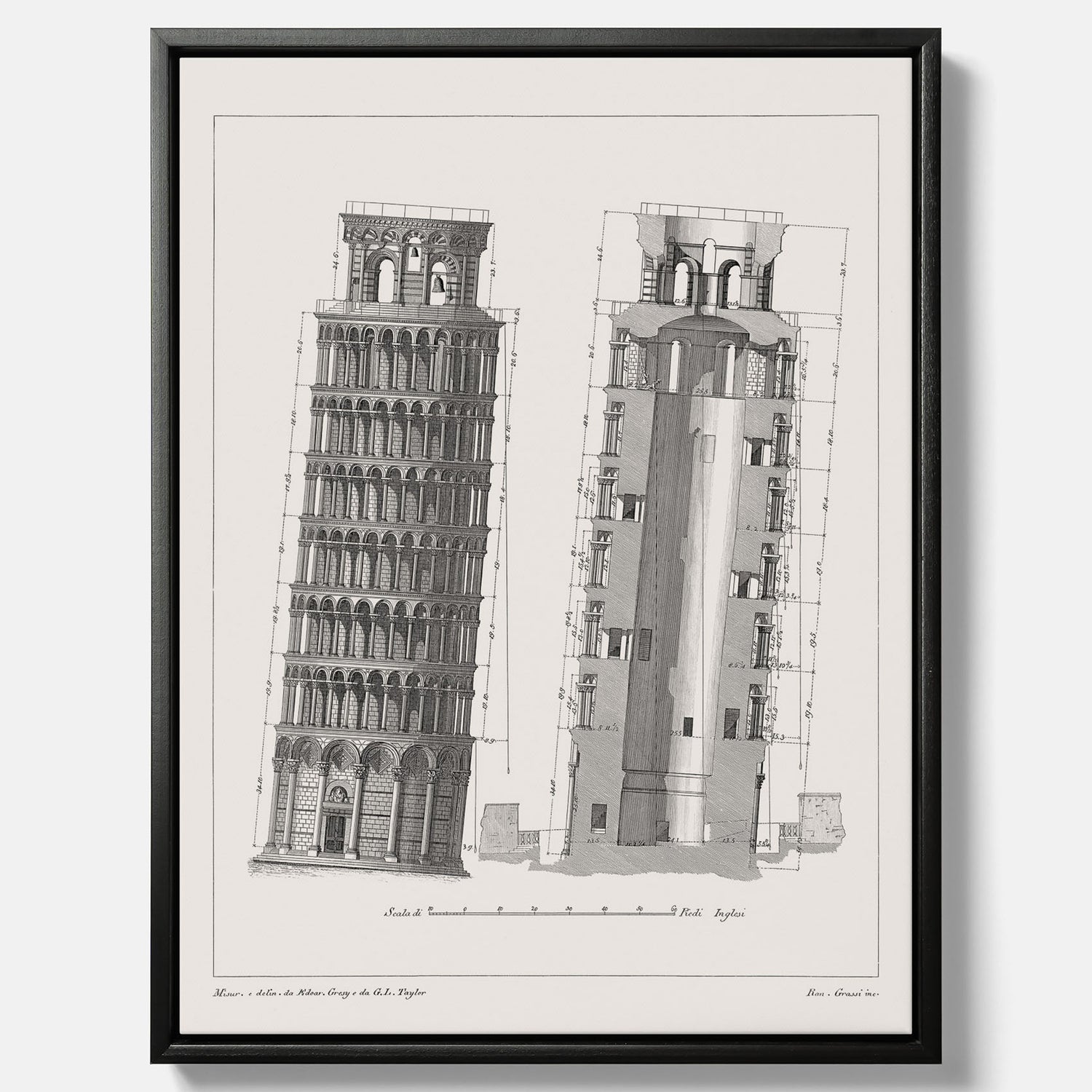 Canvastavla med en vintageposter som visar en illustration av Lutande tornet i Pisa, arkitektritning