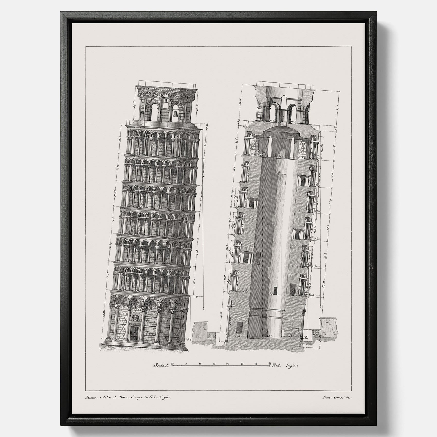 Canvastavla med en vintageposter som visar en illustration av Lutande tornet i Pisa, arkitektritning