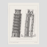 Vintageposter som visar en illustration av Lutande tornet i Pisa, arkitektritning