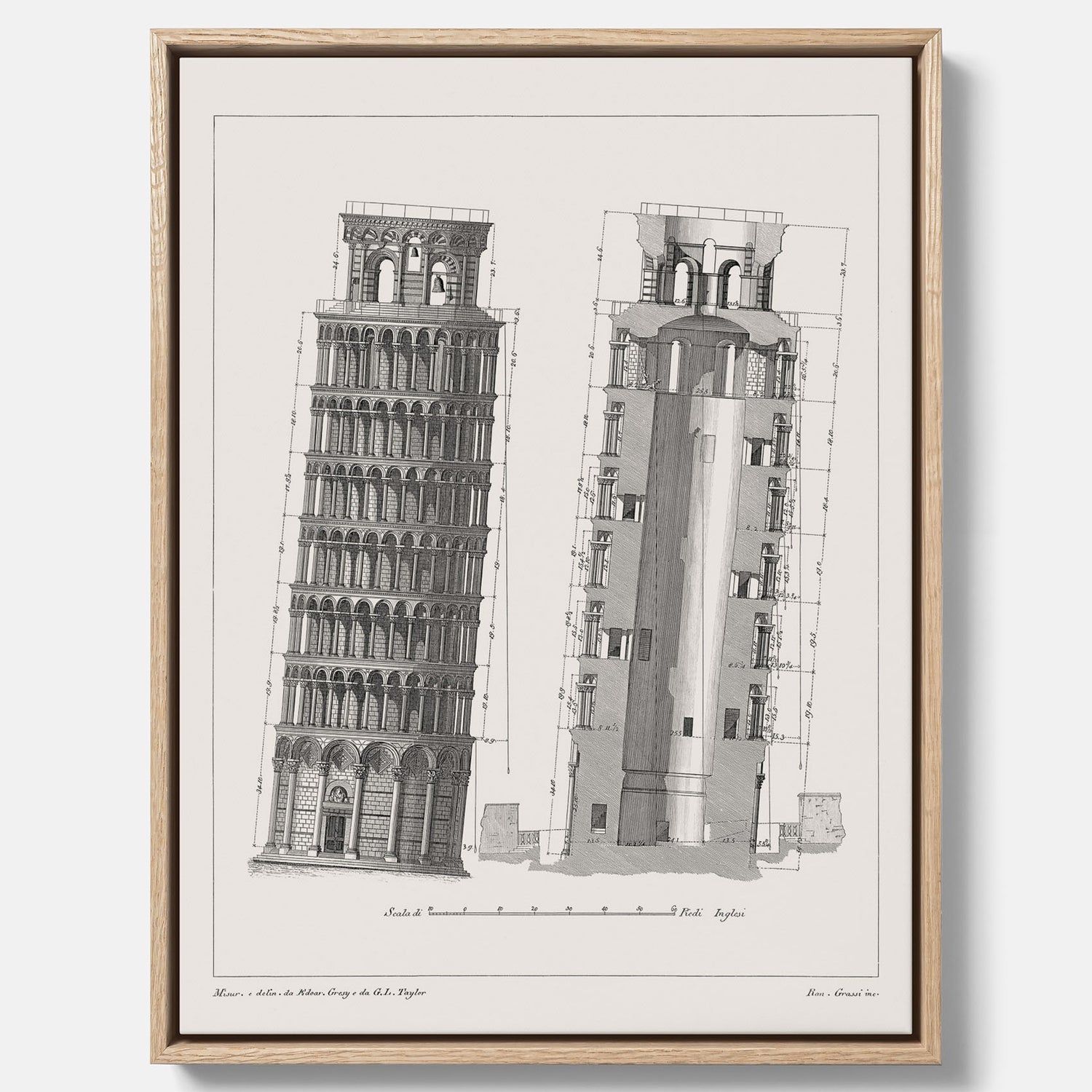 Canvastavla med en vintageposter som visar en illustration av Lutande tornet i Pisa, arkitektritning
