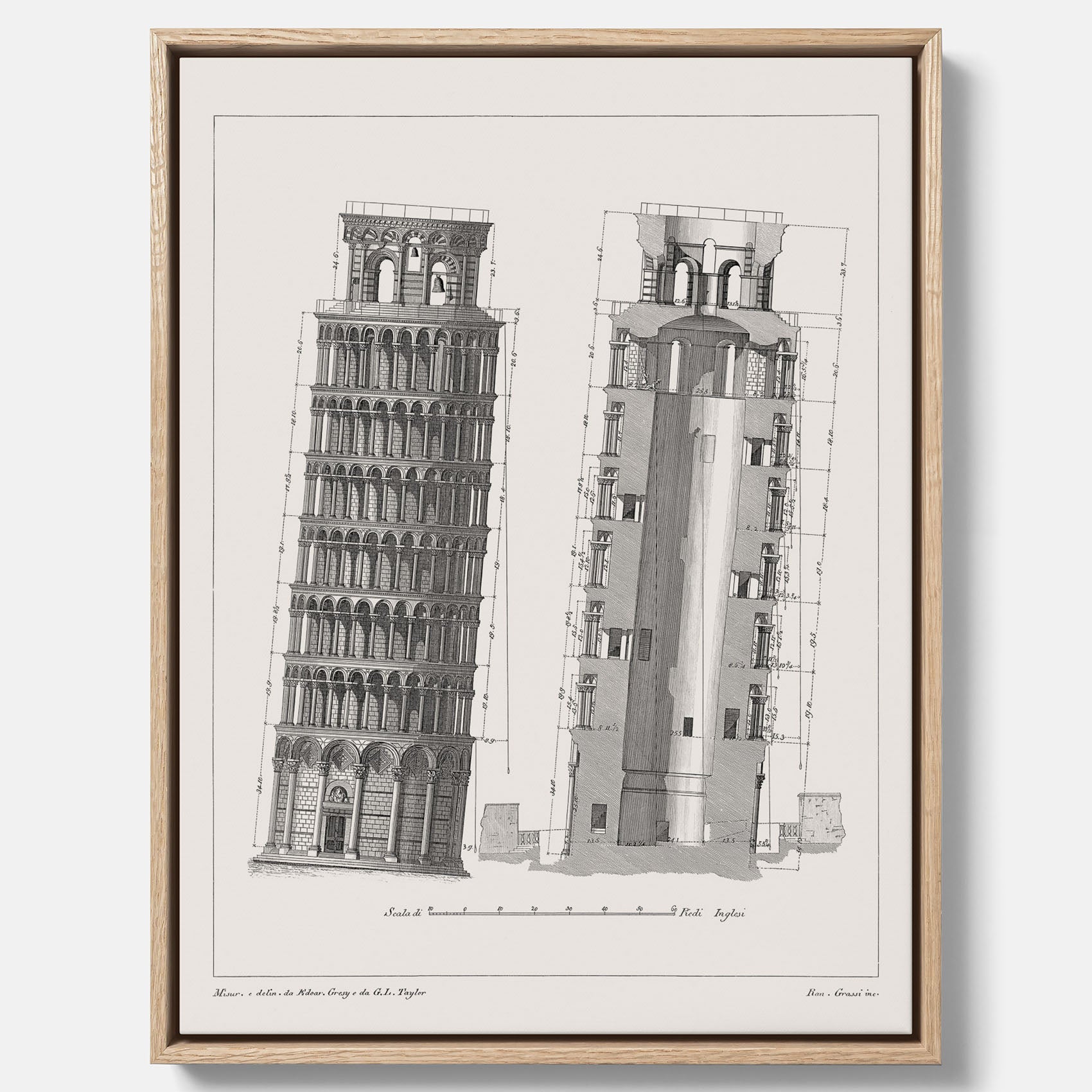 Canvastavla med en vintageposter som visar en illustration av Lutande tornet i Pisa, arkitektritning