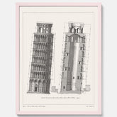 Tavla med en vintageposter som visar en illustration av Lutande tornet i Pisa, arkitektritning