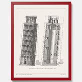 Tavla med en vintageposter som visar en illustration av Lutande tornet i Pisa, arkitektritning
