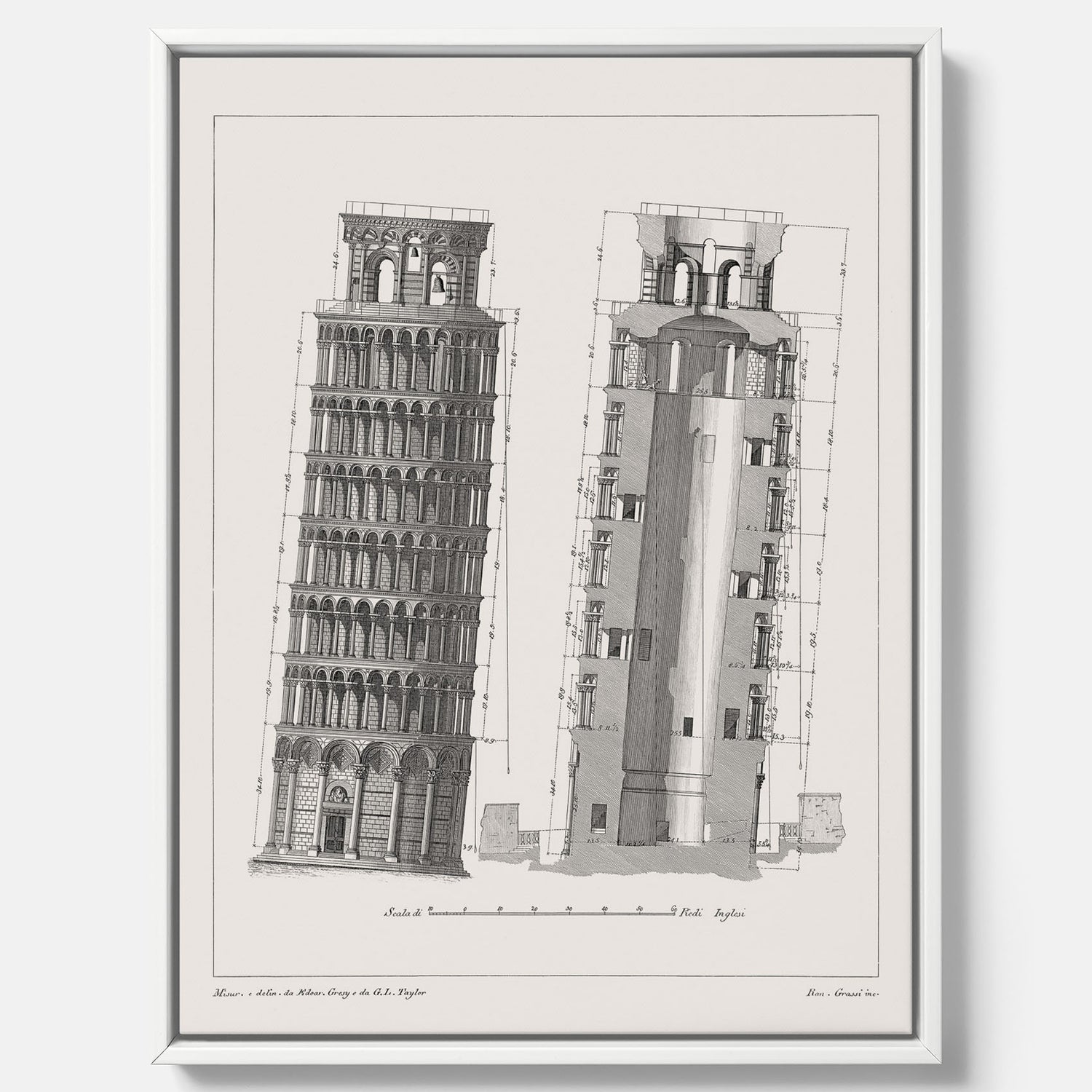 Canvastavla med en vintageposter som visar en illustration av Lutande tornet i Pisa, arkitektritning