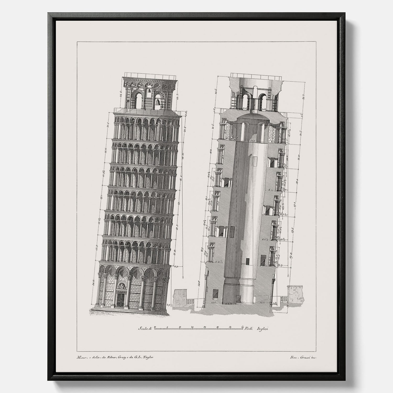 Canvastavla med en vintageposter som visar en illustration av Lutande tornet i Pisa, arkitektritning
