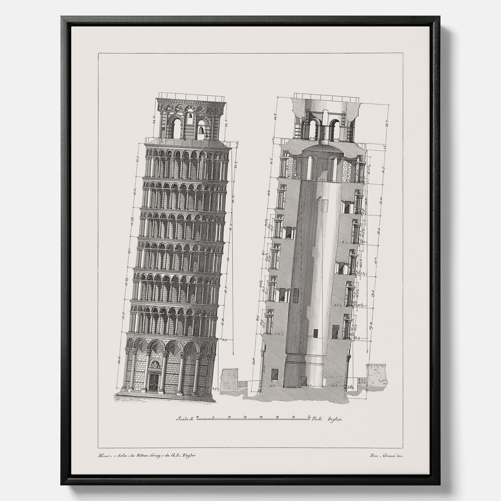 Canvastavla med en vintageposter som visar en illustration av Lutande tornet i Pisa, arkitektritning