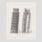 Vintageposter som visar en illustration av Lutande tornet i Pisa, arkitektritning